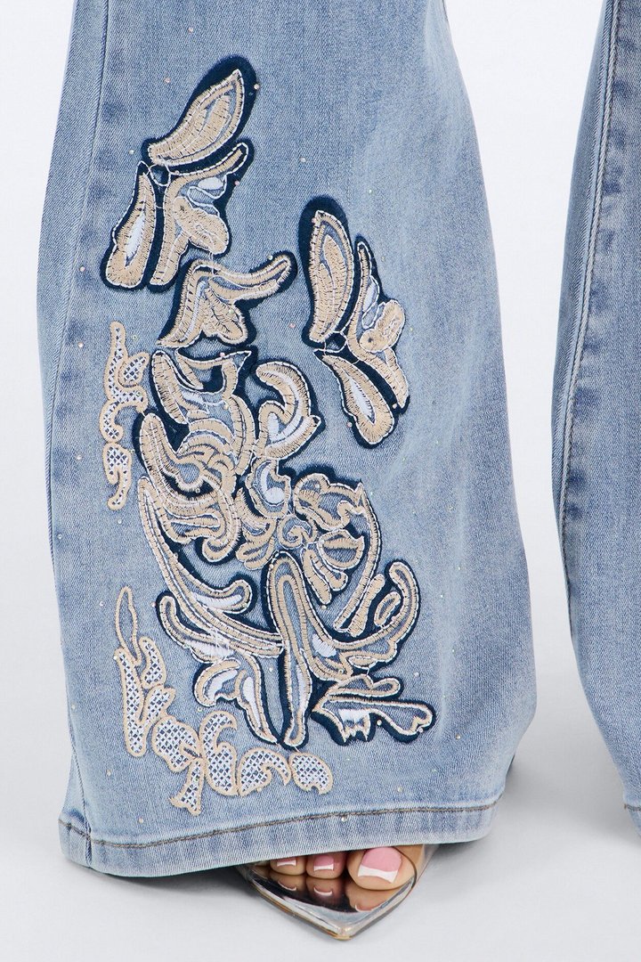 Bless You Low Rise Embroidered Flare Jeans - Medium Wash