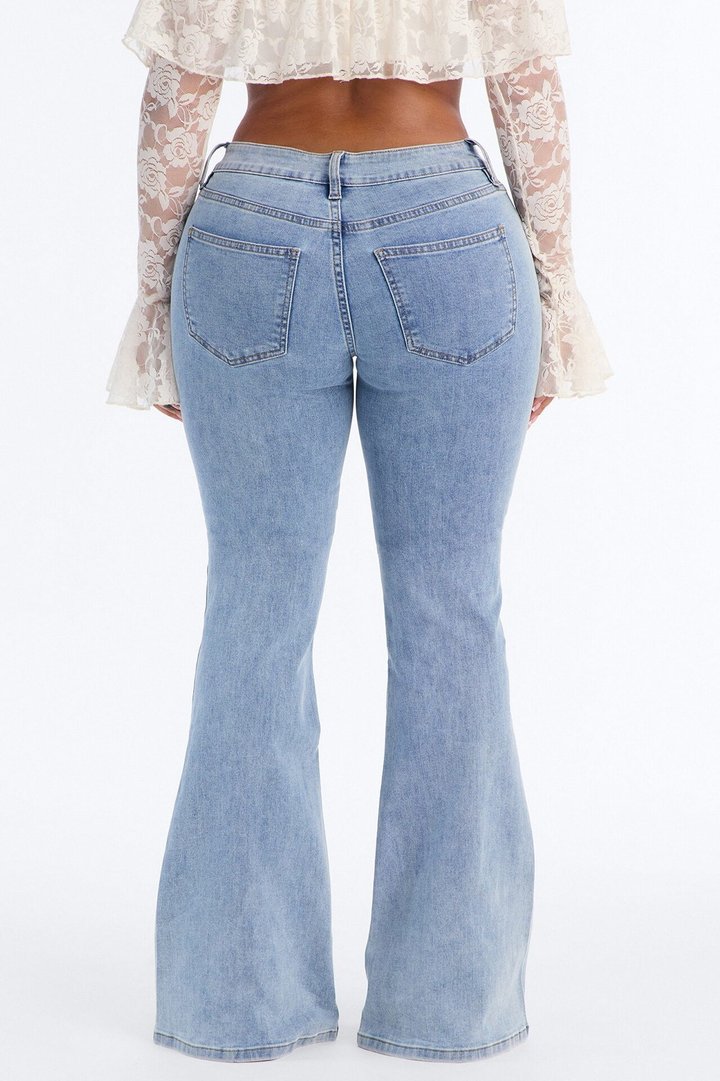 Bless You Low Rise Embroidered Flare Jeans - Medium Wash