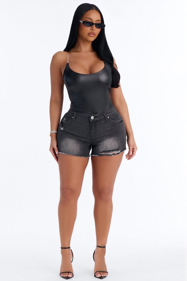 Super Star Status Embellished Cut Off Denim Shorts - Black Wash