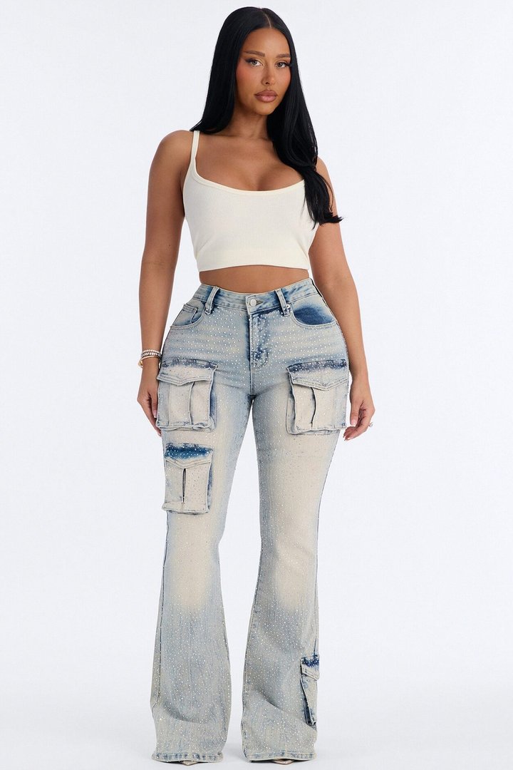 Reflections Embellished Cargo Flare Jeans - Light Wash