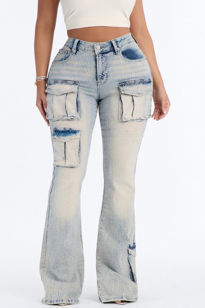 Reflections Embellished Cargo Flare Jeans - Light Wash