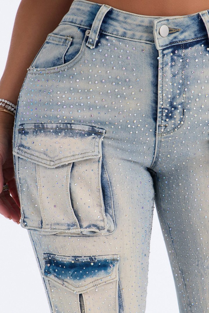 Reflections Embellished Cargo Flare Jeans - Light Wash