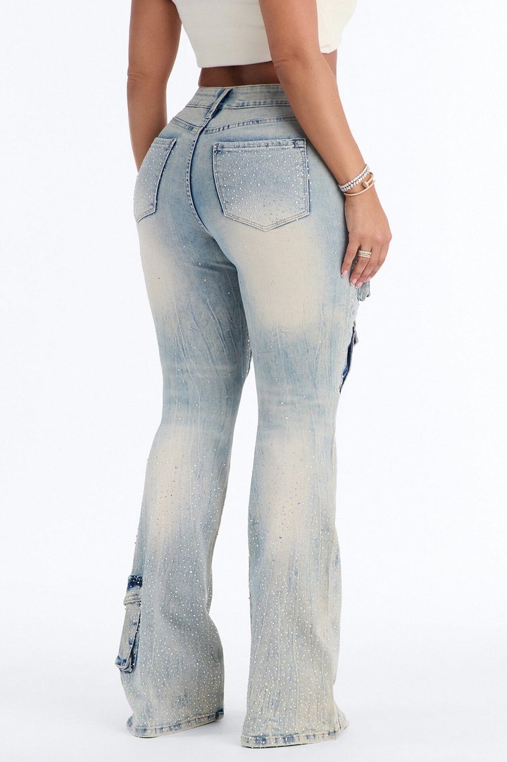 Reflections Embellished Cargo Flare Jeans - Light Wash