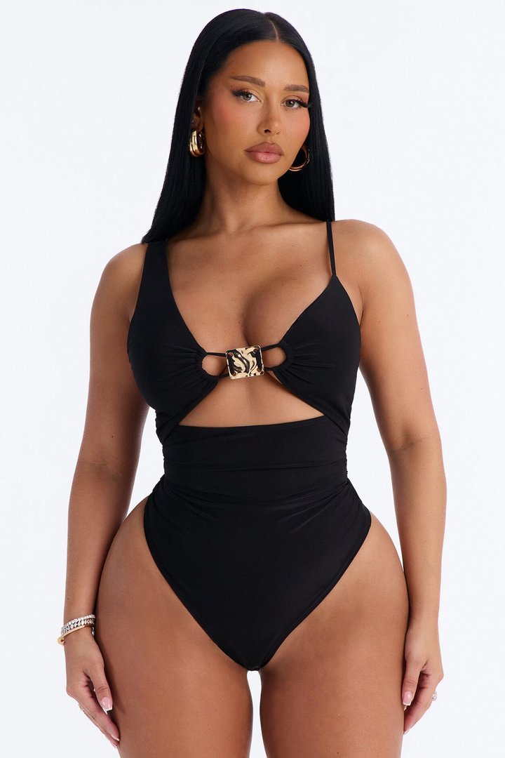 Tropic Waters Ruched Hardware Bodysuit - Black