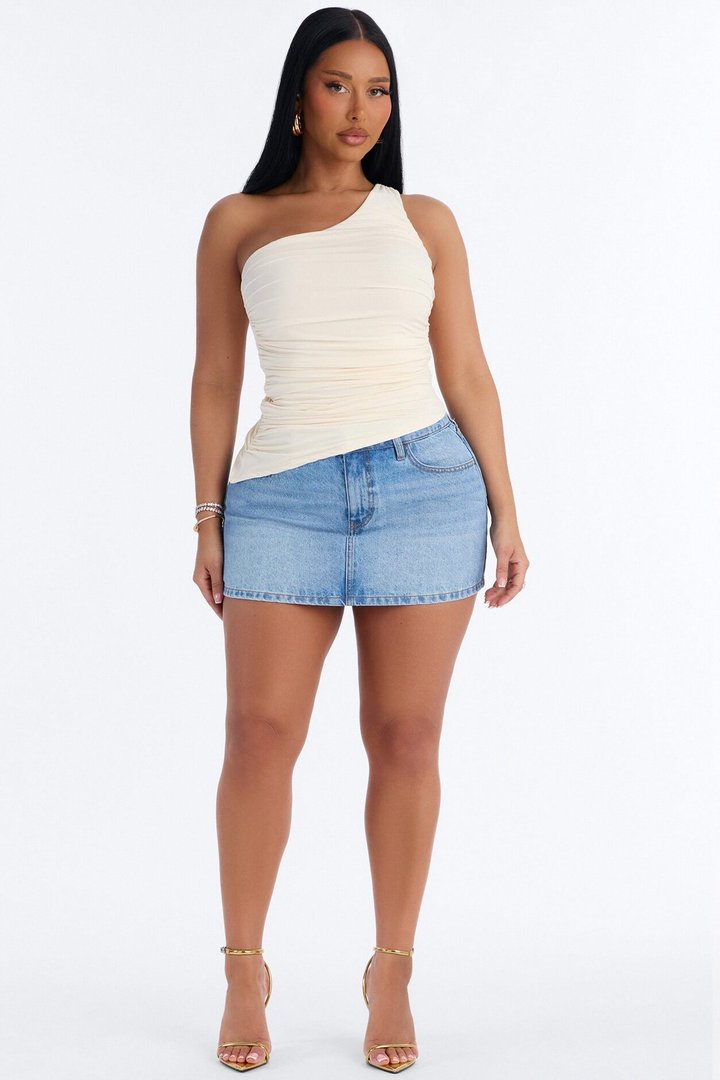 Khelani Asymmetrical Ruched One Shoulder Top - Bone