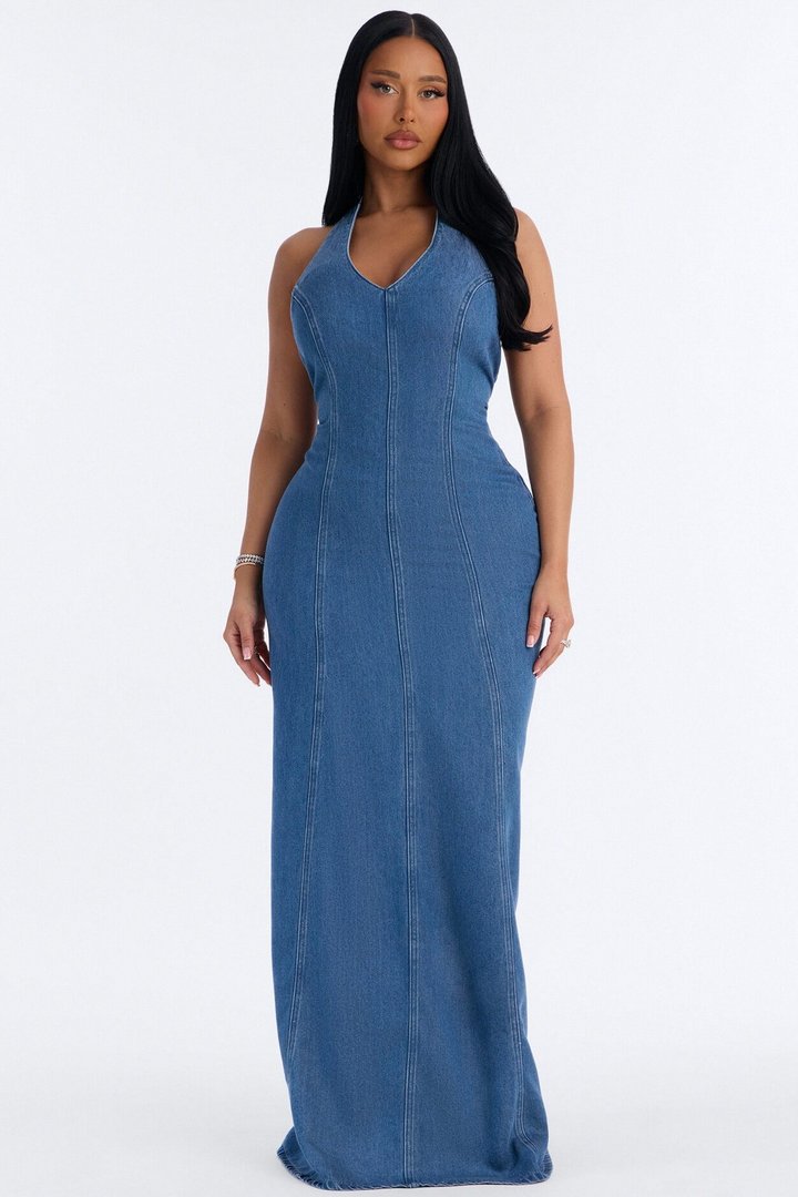 Zaira Halter Denim Maxi Dress - Medium Wash