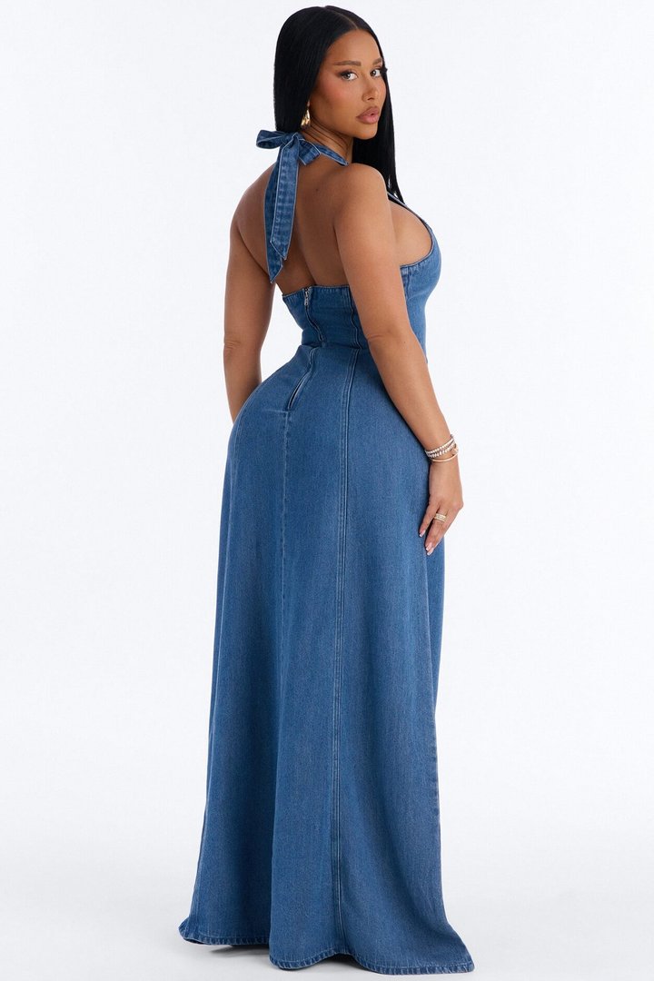 Zaira Halter Denim Maxi Dress - Medium Wash
