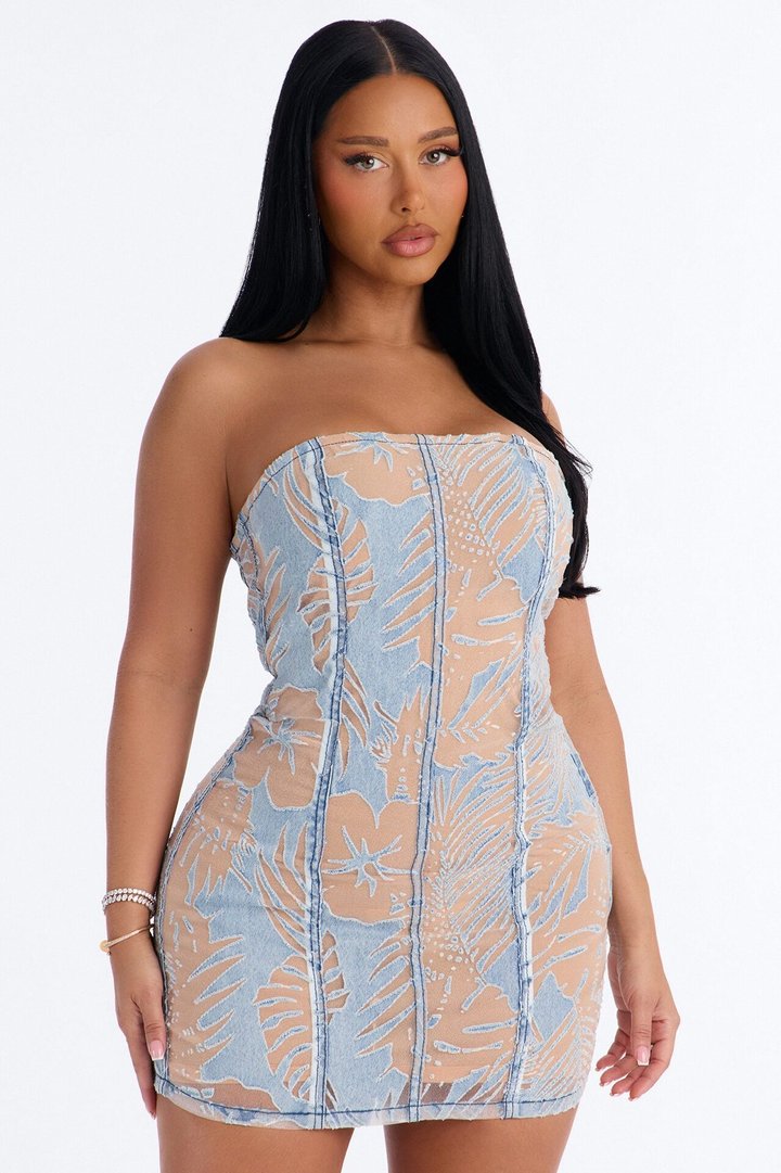 Peep Show Strapless Denim Micro Mini Dress - Blue