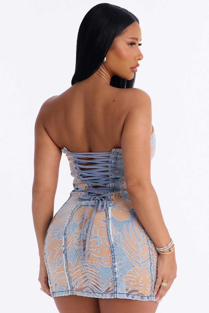 Peep Show Strapless Denim Micro Mini Dress - Blue