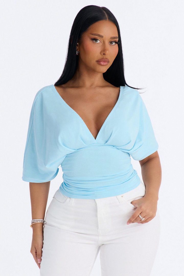 Taylor Cinched Waist Ruched Short Sleeve Top - Blue