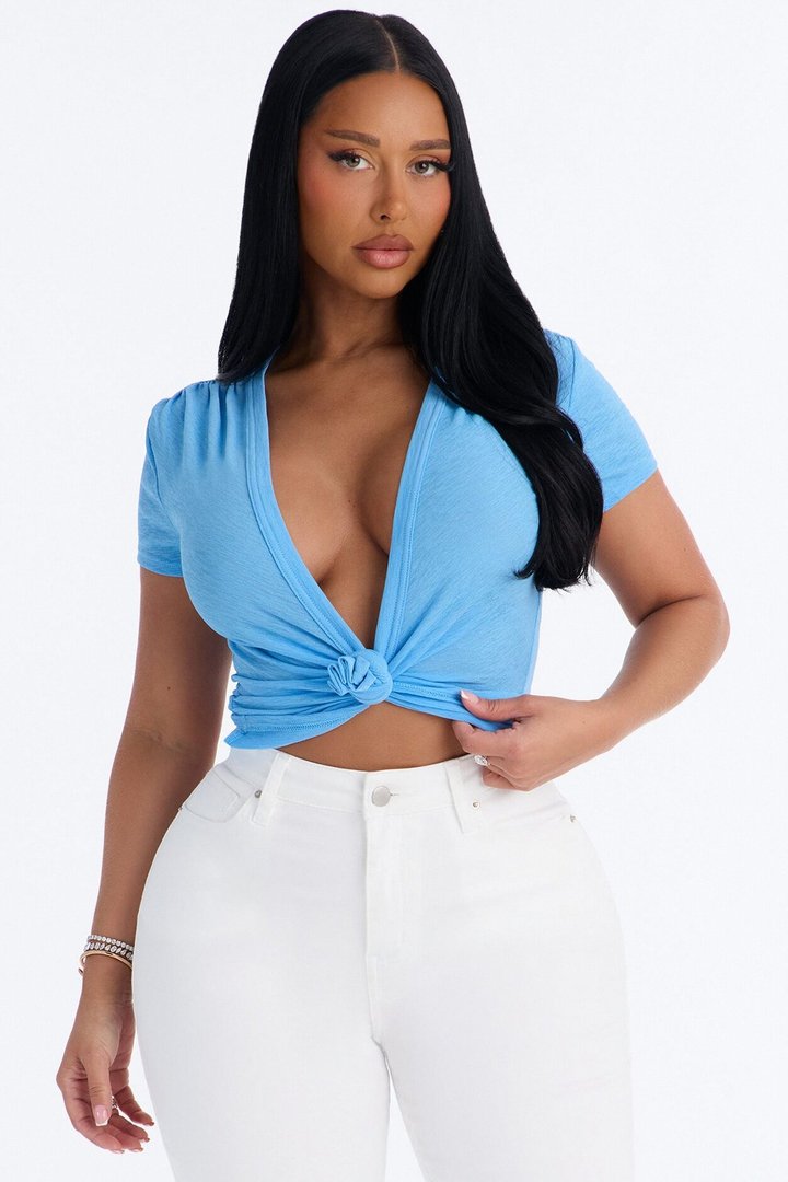 Selena Textured Knot Short Sleeve Top - Blue