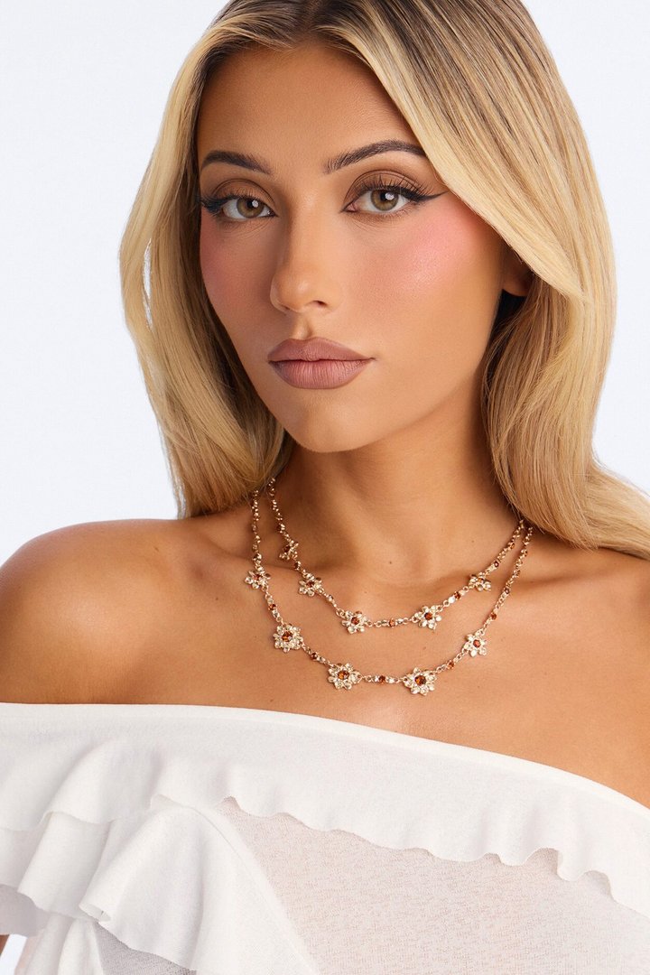 Tiny Treasures Rhinestone Layered Necklace - Gold/Brown