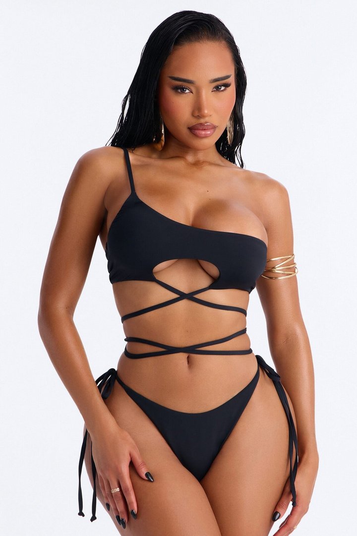 Island Retreat 2 Piece Strappy One Shoulder Bikini Set - Black