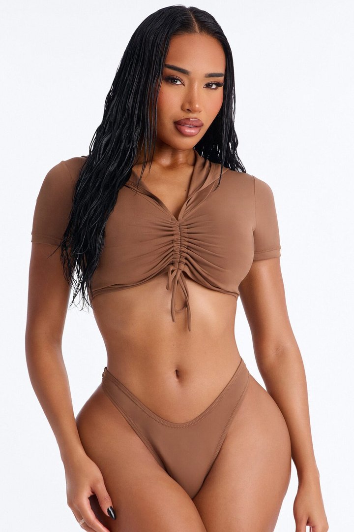 Laying Out 3 Piece Hooded Swim Top & Skirt Set - Brown