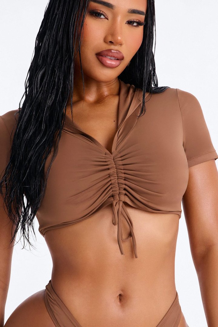 Laying Out 3 Piece Hooded Swim Top & Skirt Set - Brown