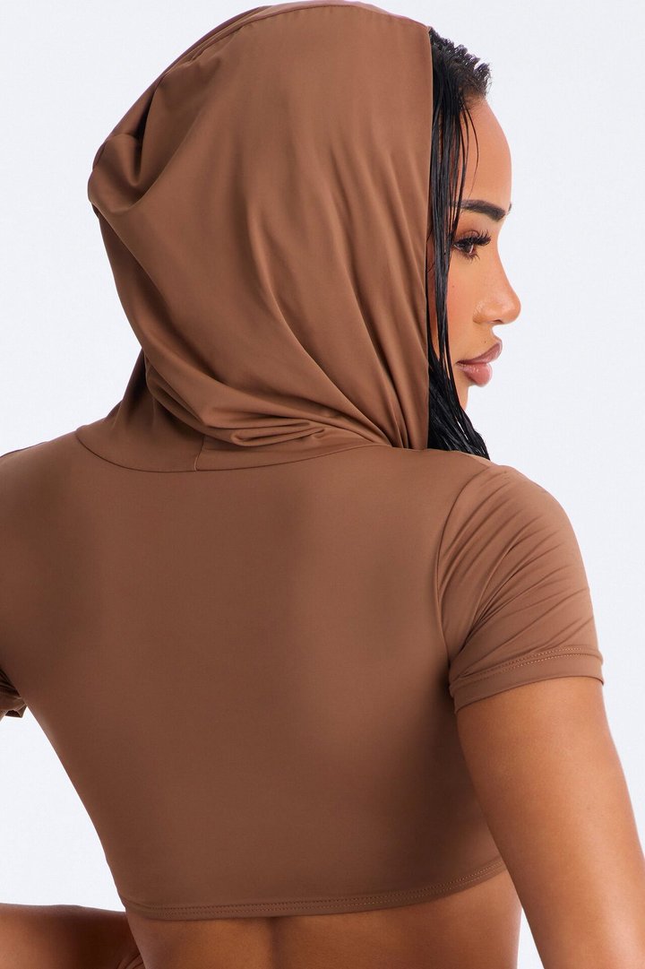 Laying Out 3 Piece Hooded Swim Top & Skirt Set - Brown