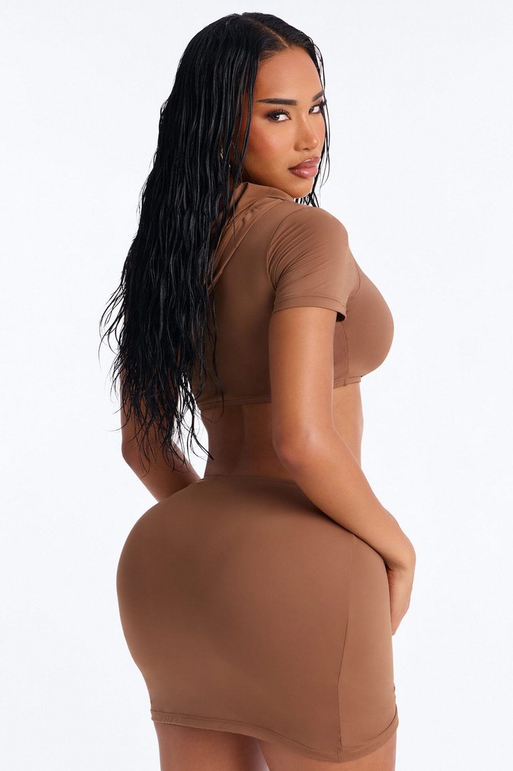 Laying Out 3 Piece Hooded Swim Top & Skirt Set - Brown