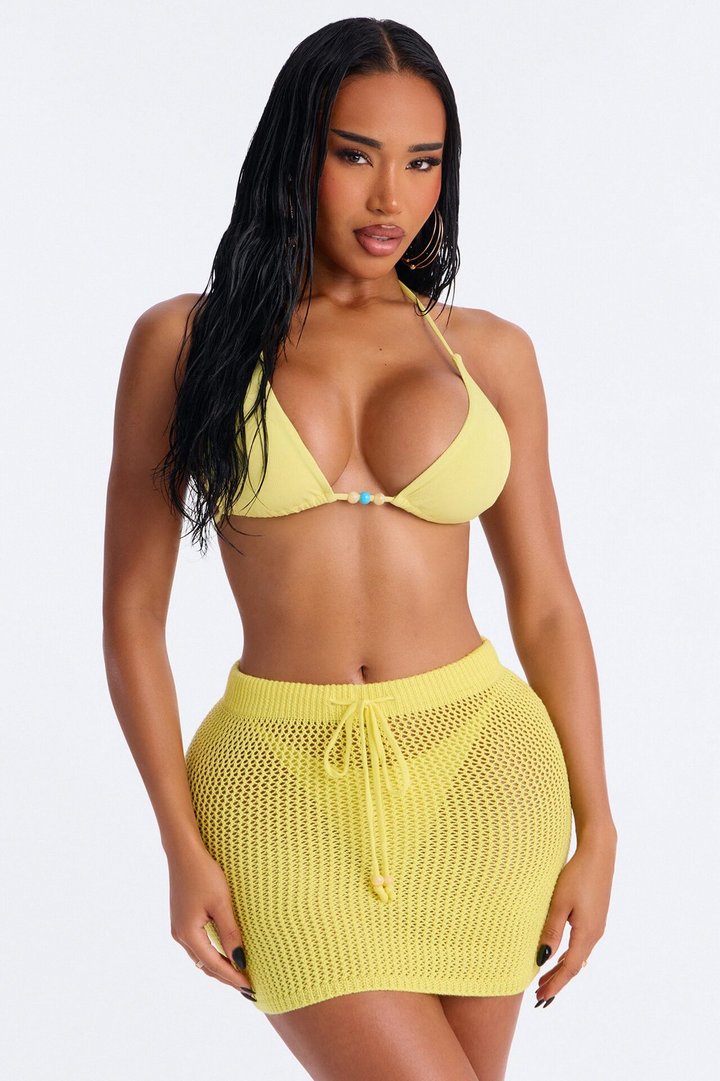 Acting Out 3 Piece Triangle Bikini & Cover Up Mini Skirt Sunsuit - Butter Yellow