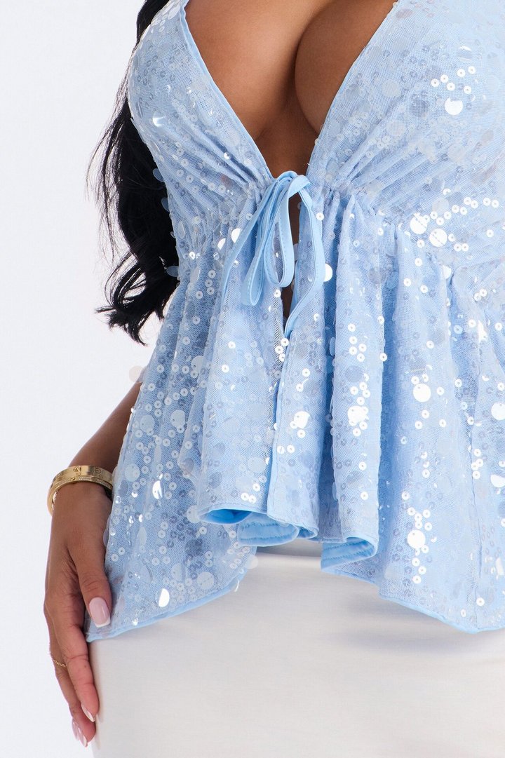 Cerafina Sequin Halter Flyaway Top - SkyBlue