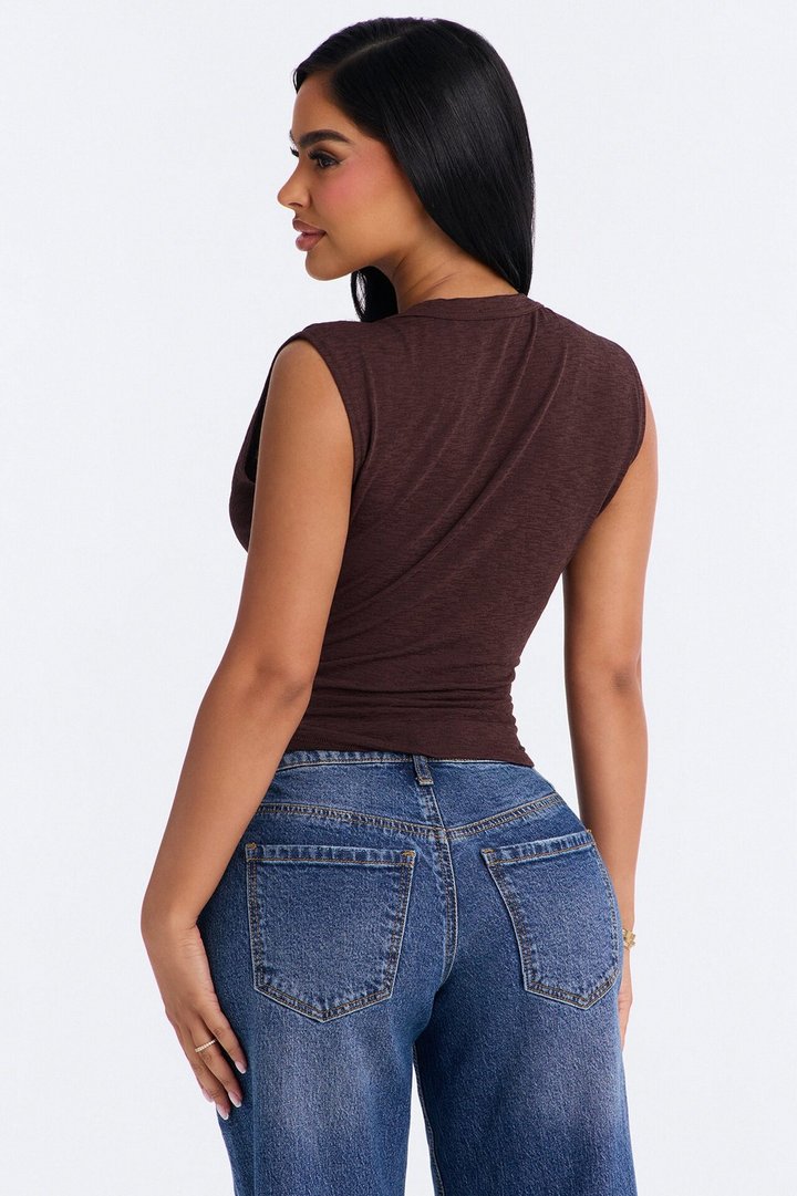 Selena Textured Deep V-Neck Knot Top - Brown