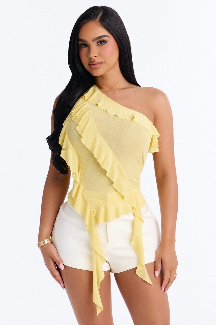 Sicily Ruffle One Shoulder Textured Top - Butter Yellow