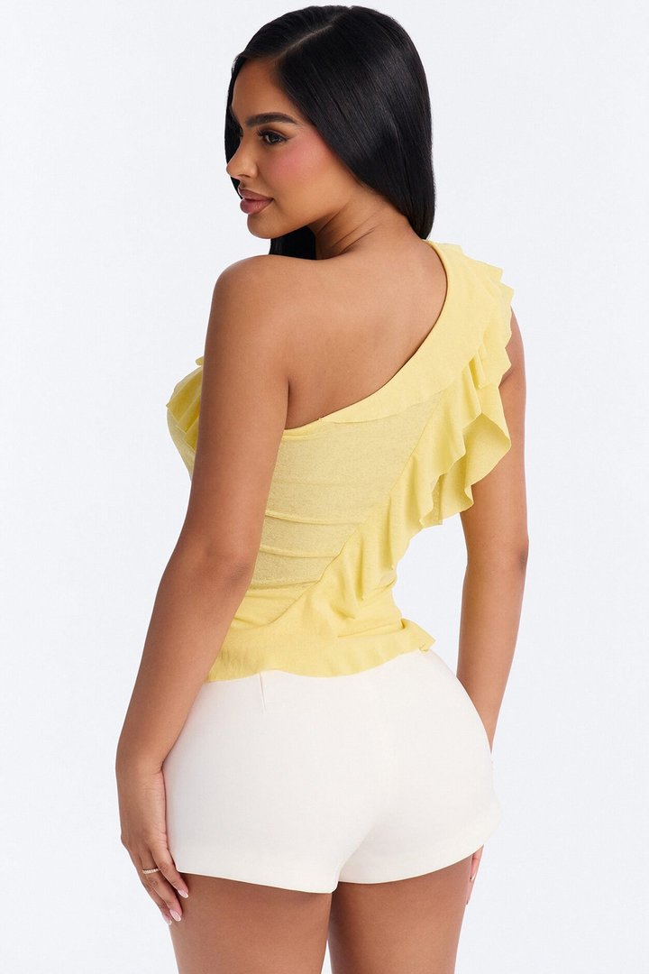 Sicily Ruffle One Shoulder Textured Top - Butter Yellow