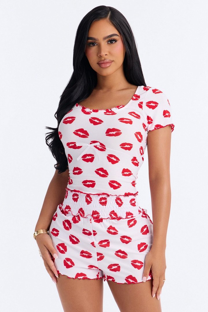 Pucker Up Babe Short Sleeve Square Neck Contrast Ruffle PJ Short Set - White/combo