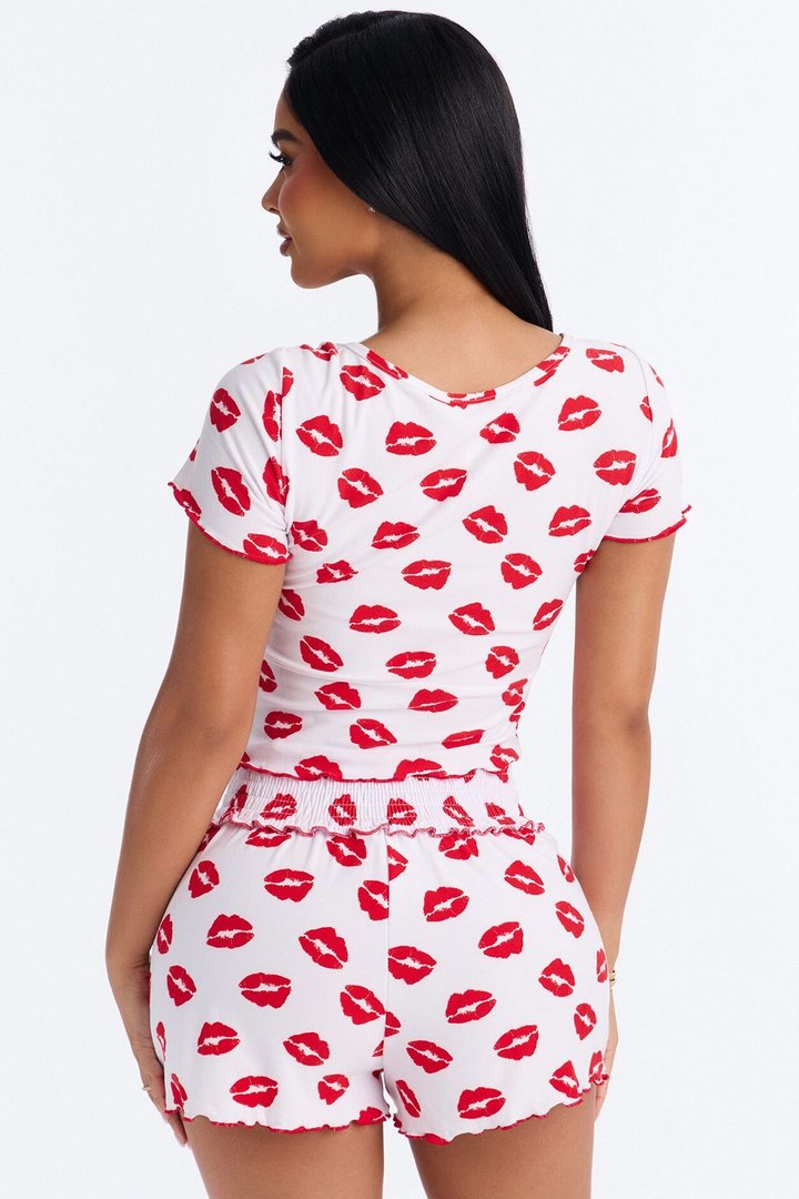Pucker Up Babe Short Sleeve Square Neck Contrast Ruffle PJ Short Set - White/combo