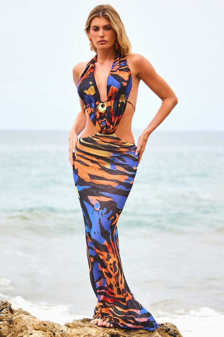 Demie Cowl Mesh Maxi Dress - Blue/combo