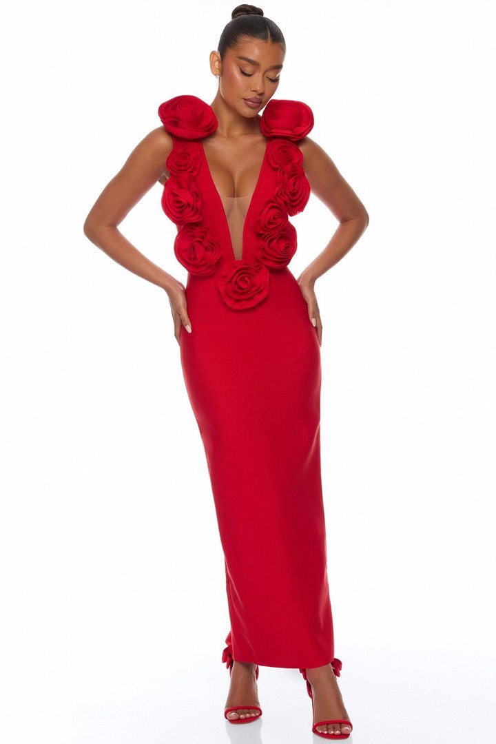 Rosalia Rosette Bandage Maxi Dress - Red