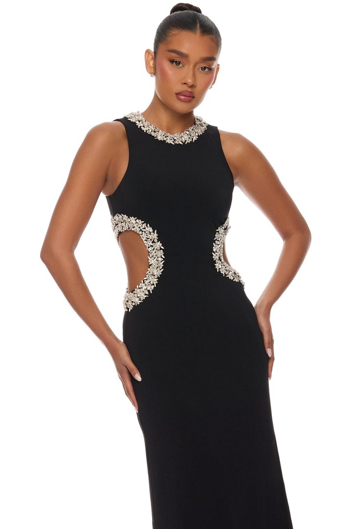 Kaylea Cut Out Rhinestone Maxi Dress - Black