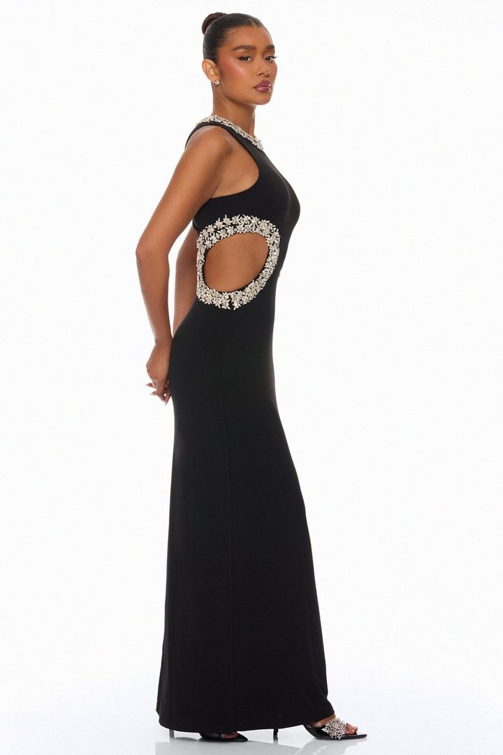 Kaylea Cut Out Rhinestone Maxi Dress - Black