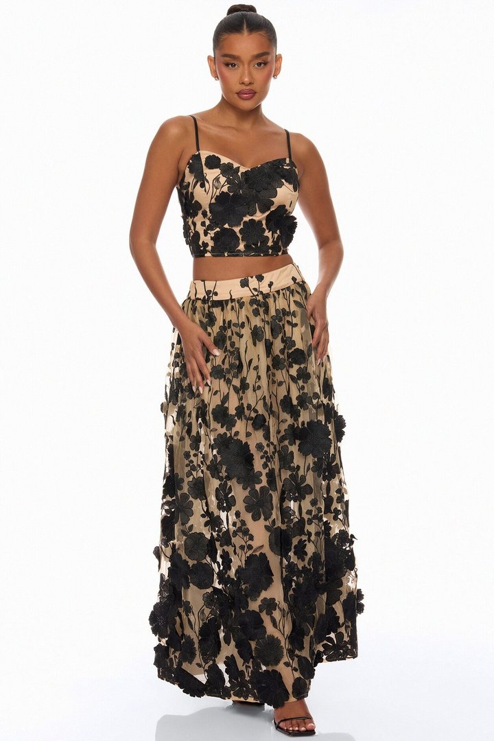 Blossom Skies Floral Embroidered Mesh Skirt Set - Black
