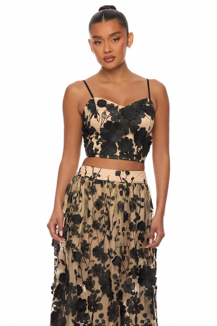 Blossom Skies Floral Embroidered Mesh Skirt Set - Black