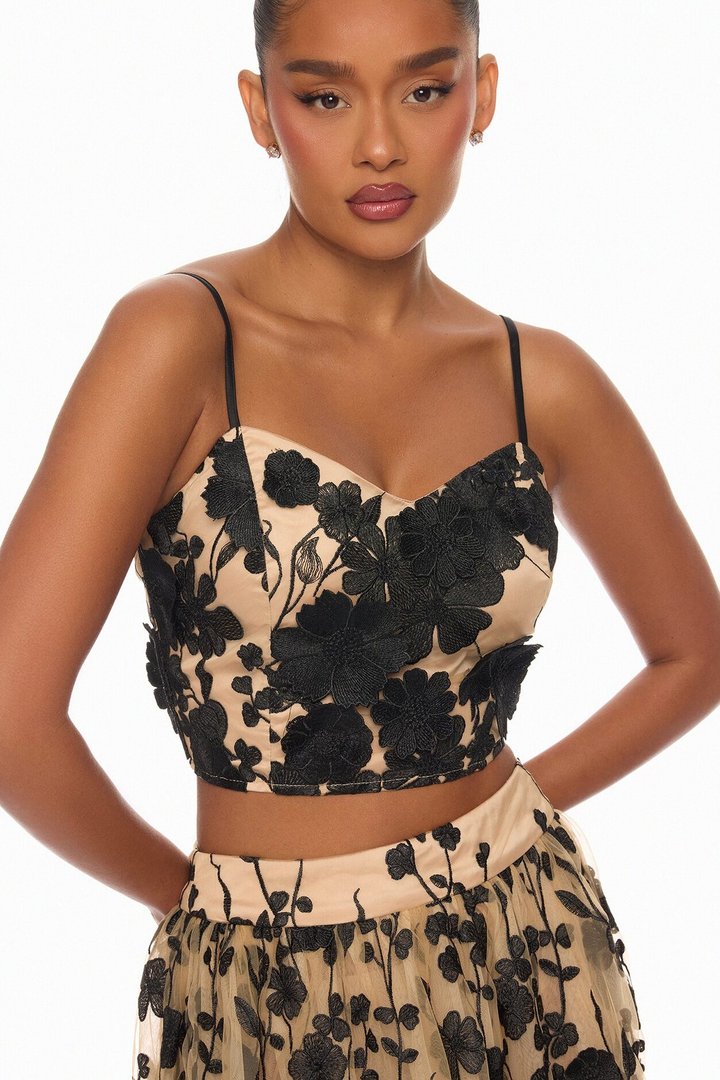 Blossom Skies Floral Embroidered Mesh Skirt Set - Black