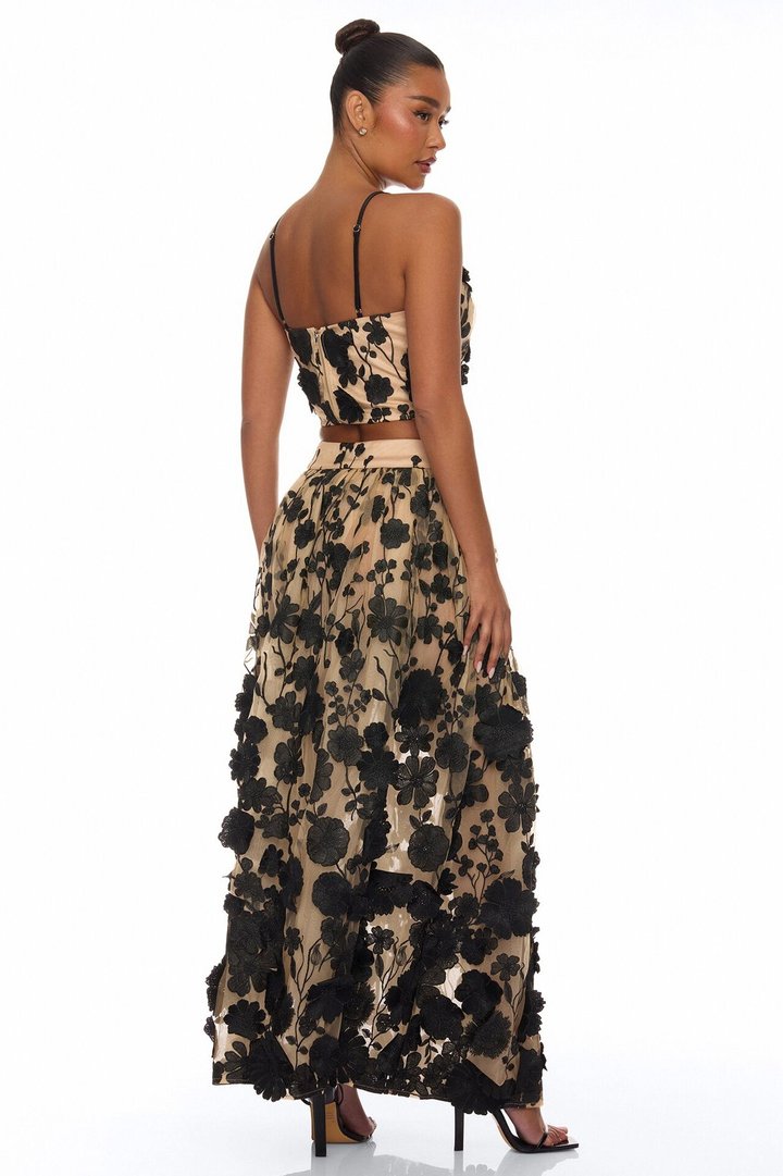 Blossom Skies Floral Embroidered Mesh Skirt Set - Black