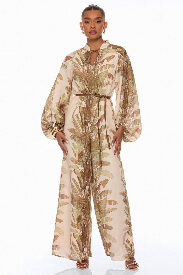 Zinnia Balloon Sleeve Linen Jumpsuit - Sand/combo
