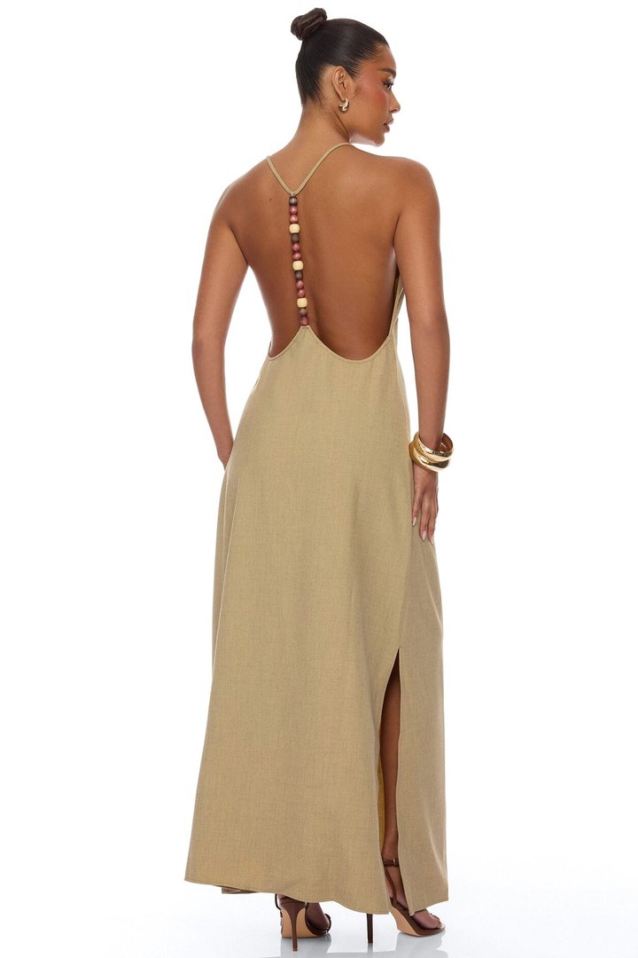 Zelara Beaded Backless Maxi Dress - Khaki