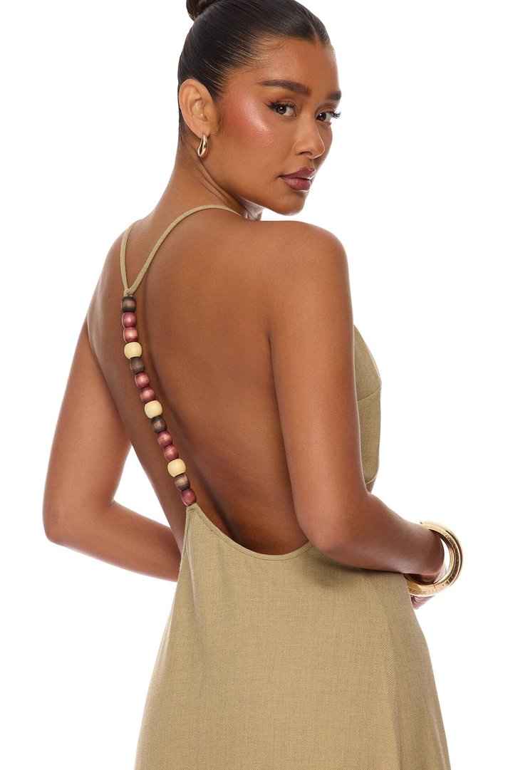 Zelara Beaded Backless Maxi Dress - Khaki