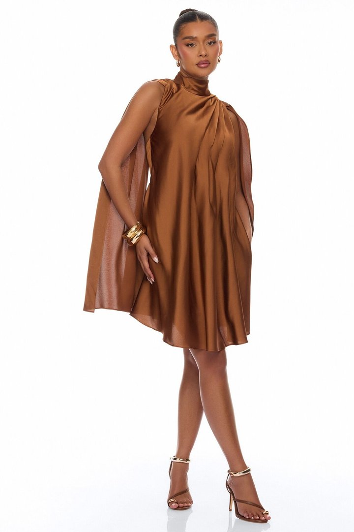 Rachelle Draped Satin Mini Dress - Mocha