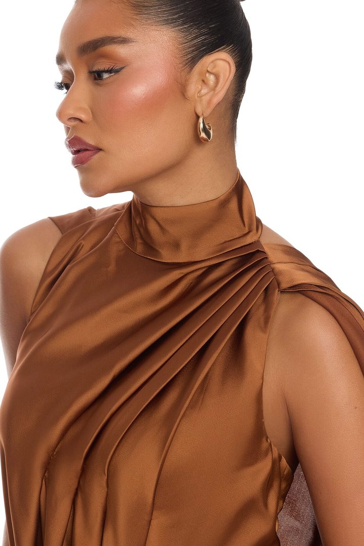 Rachelle Draped Satin Mini Dress - Mocha