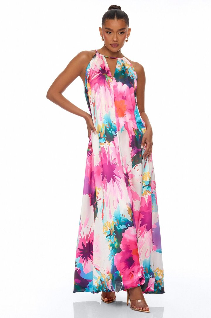 Trinity Kaftan Satin Maxi Dress - Pink/combo
