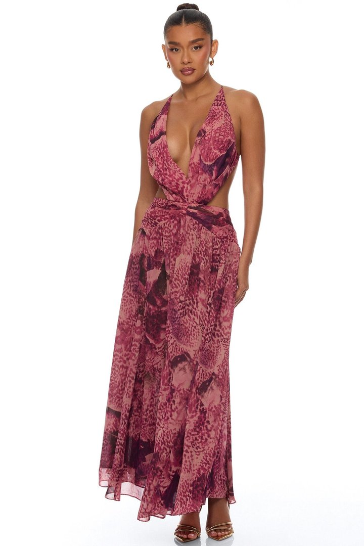 Harlee Cut Out Chiffon Maxi Dress - Magenta/combo