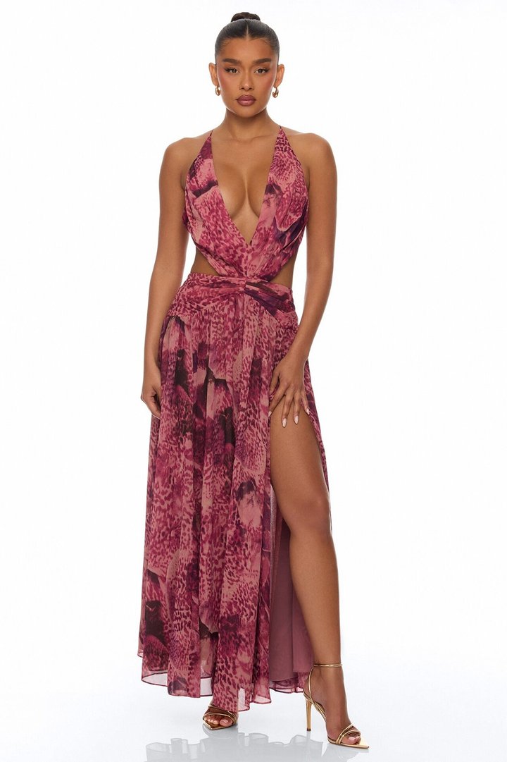 Harlee Cut Out Chiffon Maxi Dress - Magenta/combo