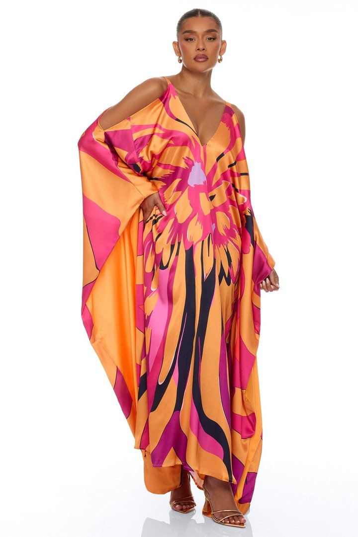 Resort And Repeat Satin Kaftan Dress - Orange/combo