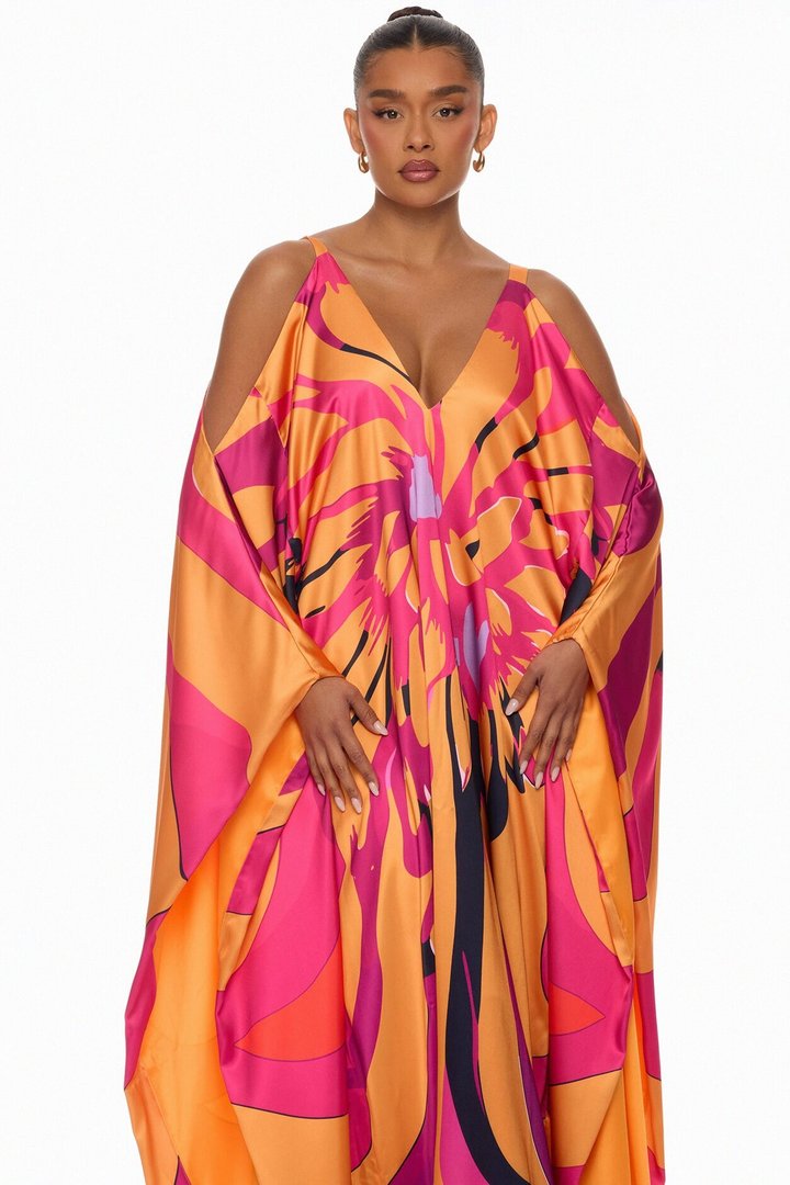 Resort And Repeat Satin Kaftan Dress - Orange/combo