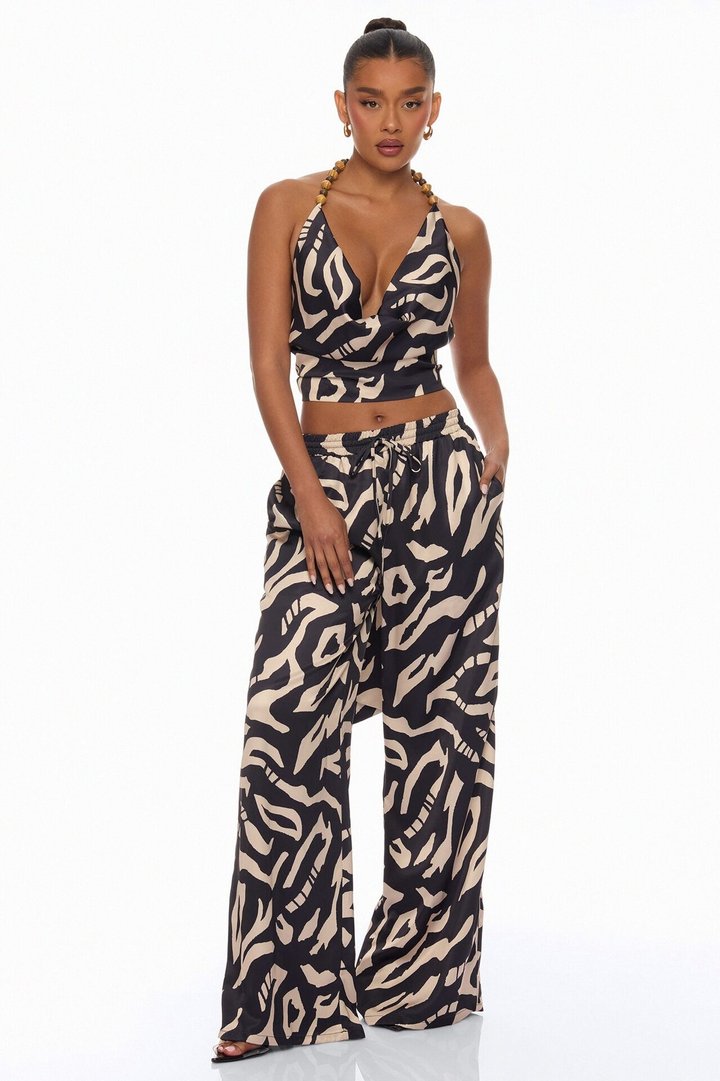 On The Coast Satin Pant Set - Black/combo