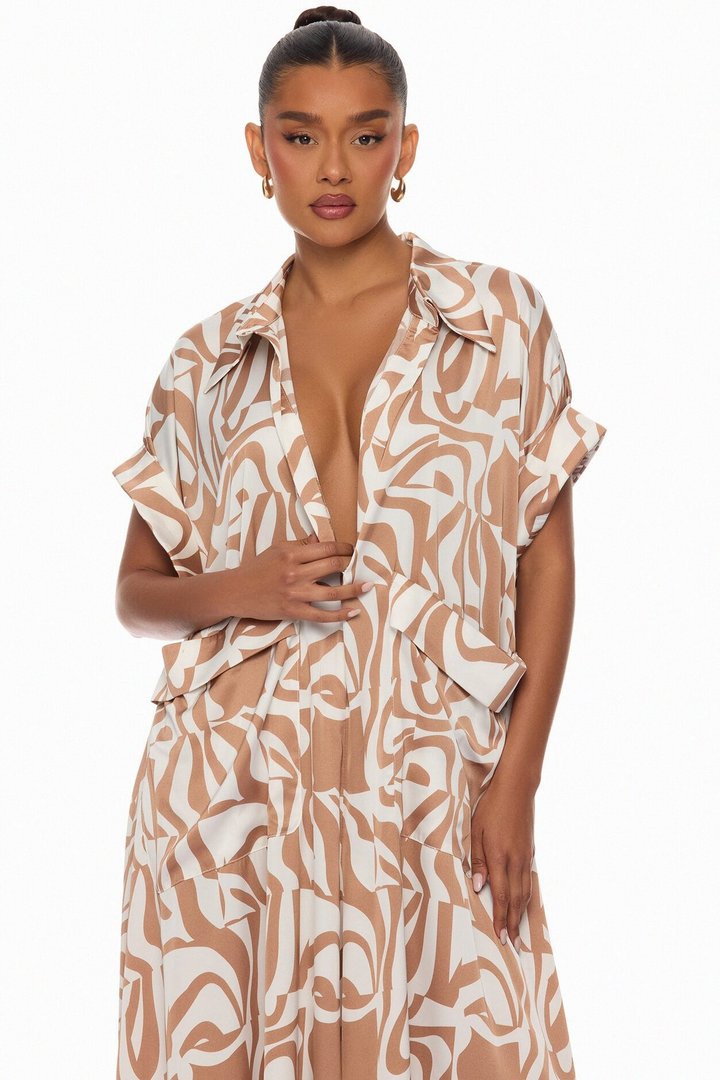 Keep It Causal Wide Leg Satin Jumpsuit - Taupe/combo