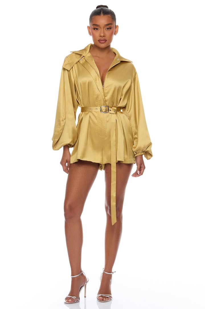 Izabel Balloon Sleeve Satin Romper - Gold