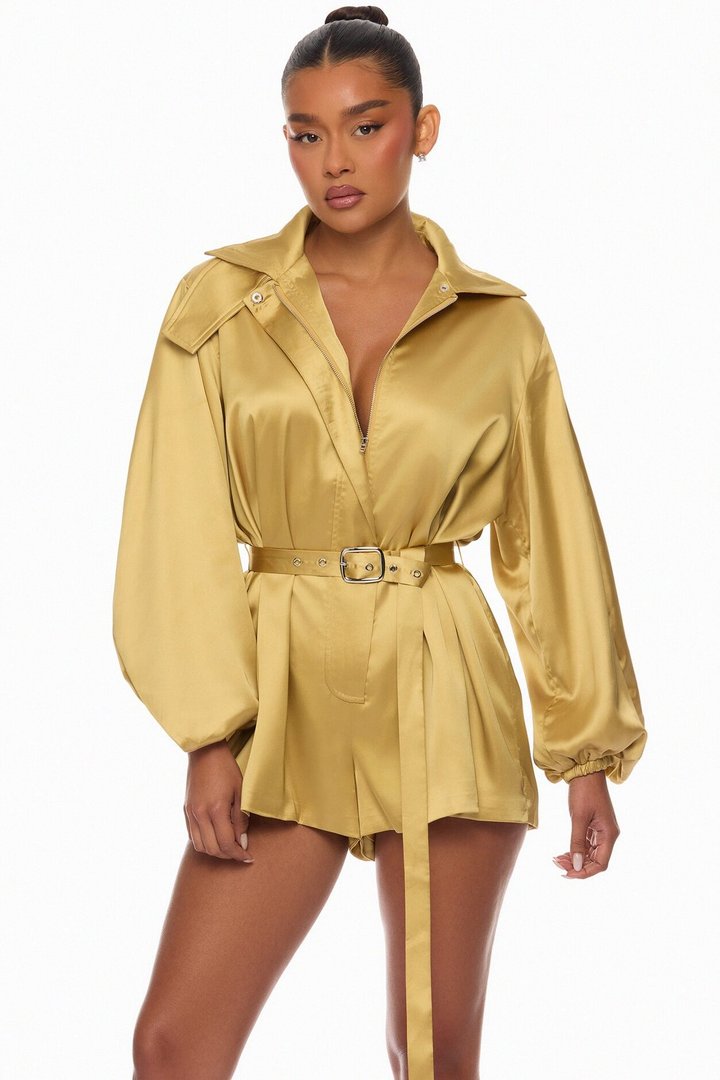 Izabel Balloon Sleeve Satin Romper - Gold